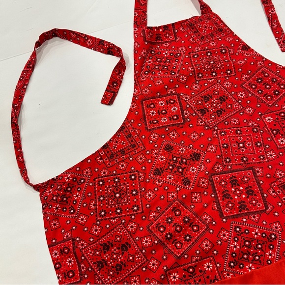 Red Cloth Tie Apron Chef Cooking Pockets Paisley Geometric Print - Picture 5 of 15